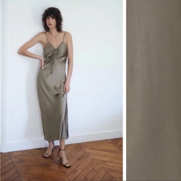 ZARA Sleeveless Ruched Maxi Dress Green Grey S - Picture 15 of 16